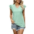 thumbnail image 1 of ZHENHONG T Shirts for Women,Casual Short Sleeves V Neck Loose Blouse Solid Color Ruffle Sleeve Cocoon Shirt,Green Women Blouses, 1 of 7