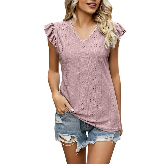 ZHENHONG T Shirts for Women,Casual Short Sleeves V Neck Loose Blouse Solid Color Ruffle Sleeve Cocoon Shirt,Yellow Women Blouses