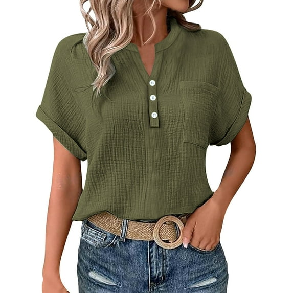 ZHENHONG T Shirts for Women,Casual Solid Batwing Sleeve Pocket Tees Rolled Sleeve Henley Neck Blouses,Green Women Blouses