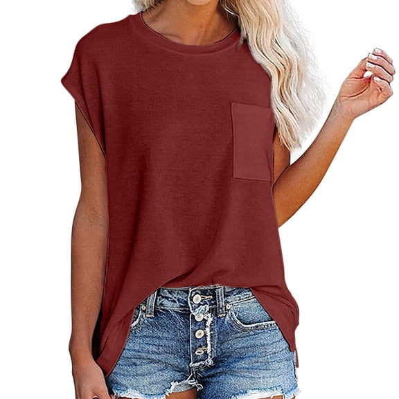 ZHENHONG T Shirts for Women,Casual Solid Color Short Sleeve Tshirt Crew Neck Loose Breathable Pocket Tees,Red Women Blouses