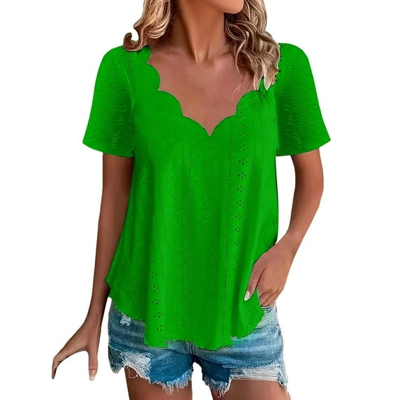 ZHENHONG T Shirts for Women,Casual Solid Color V Neck Tops Comfortable Breathable Short Sleeve Blouses,Green Women Blouses