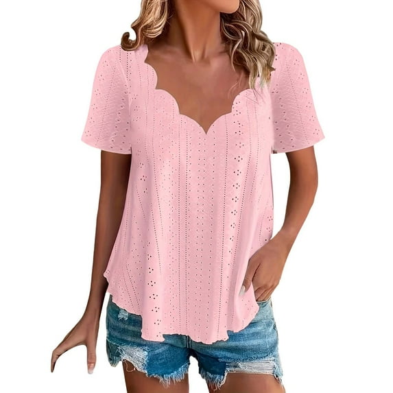 ZHENHONG T Shirts for Women,Casual Solid Color V Neck Tops Comfortable Breathable Short Sleeve Blouses,Pink Women Blouses