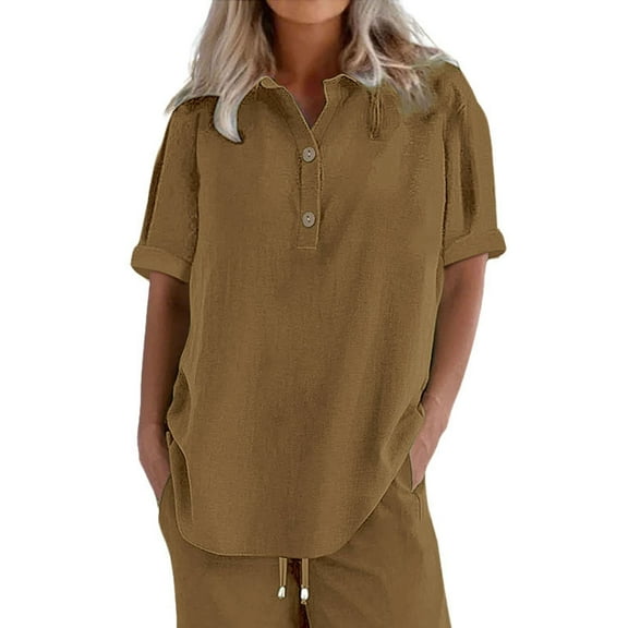 ZHENHONG T Shirts for Women,Casual Solid Short Sleeve V Neck Blouse Loose Rolled Sleeve Henley Neck Shirt,Brown Women Blouses