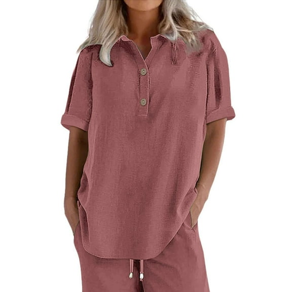 ZHENHONG T Shirts for Women,Casual Solid Short Sleeve V Neck Blouse Loose Rolled Sleeve Henley Neck Shirt,Gold Women Blouses