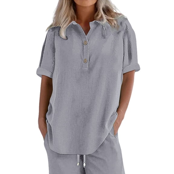 ZHENHONG T Shirts for Women,Casual Solid Short Sleeve V Neck Blouse Loose Rolled Sleeve Henley Neck Shirt,Gray Women Blouses