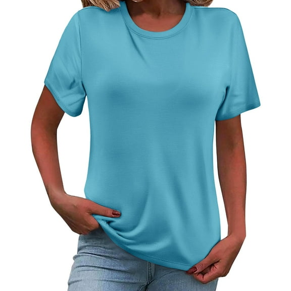 ZHENHONG T Shirts for Women,Classic Fashion Breathable Crew Neck Blouse Silk Short Sleeve Cocoon Shirt,Blue Women Blouses
