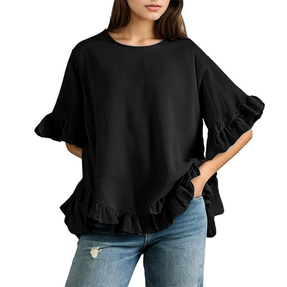ZHENHONG T Shirts for Women,Elegant Casual Round Neck Shirts Plain Ruffle Short Sleeve Tops Loose Fit Blouses,Black Women Blouses