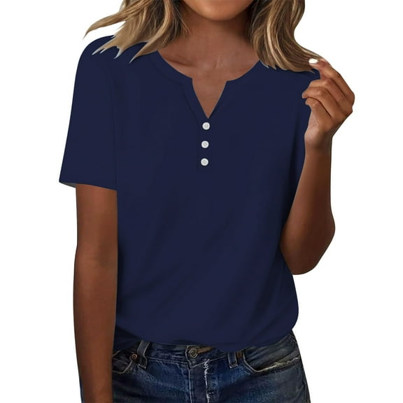 ZHENHONG T Shirts for Women,Fashion Casual Solid Color Henley Neck Blouse Drop Shoulder Short Sleeve T Shirt,Blue Women Blouses