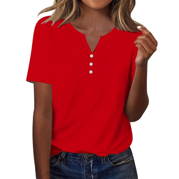 ZHENHONG T Shirts for Women,Fashion Casual Solid Color Henley Neck Blouse Drop Shoulder Short Sleeve T Shirt,Red Women Blouses
