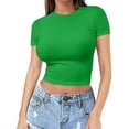 thumbnail image 1 of ZHENHONG T Shirts for Women,Fashion Solid Color Drop Shoulder Pullover Tops Round Neck Short Sleeve Button Down Shirt,Green Women Blouses, 1 of 7