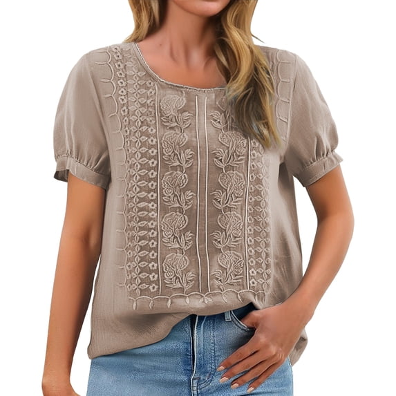 ZHENHONG T Shirts for Women,Fashionable Casual Solid Short Sleeve Pleated Tops Ruffle Sleeve Boat Neck Shirts,Brown Women Blouses