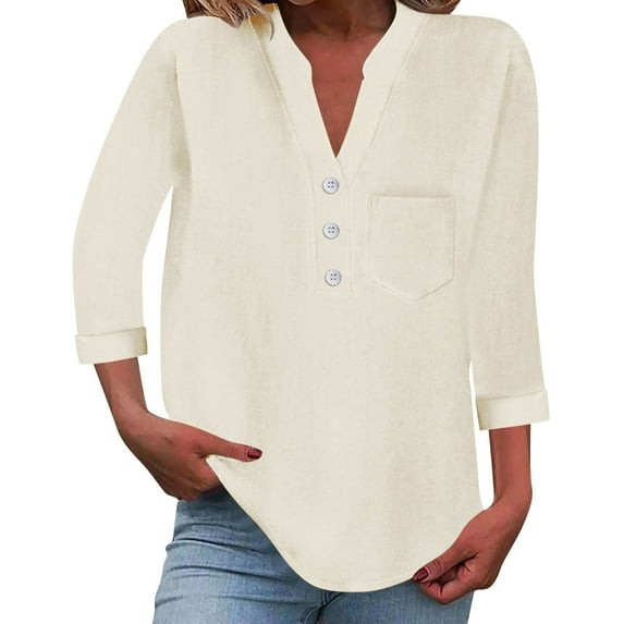 ZHENHONG T Shirts for Women,Loose Solid Mock Neck 3/4 Sleeve Pocket Tees Casual Cotton Linen Rolled Sleeve Henley Shirts,Beige Women Blouses