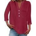 thumbnail image 1 of ZHENHONG T Shirts for Women,Loose Solid Mock Neck 3/4 Sleeve Pocket Tees Casual Cotton Linen Rolled Sleeve Henley Shirts,Red Women Blouses, 1 of 8