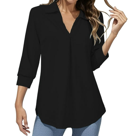 ZHENHONG T Shirts for Women,Loose V Neck 3/4 Sleeve Drop Shoulder Tops Solid Color Turn Down Collar Tshirts,Black Women Blouses