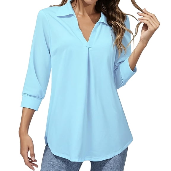ZHENHONG T Shirts for Women,Loose V Neck 3/4 Sleeve Drop Shoulder Tops Solid Color Turn Down Collar Tshirts,Blue Women Blouses