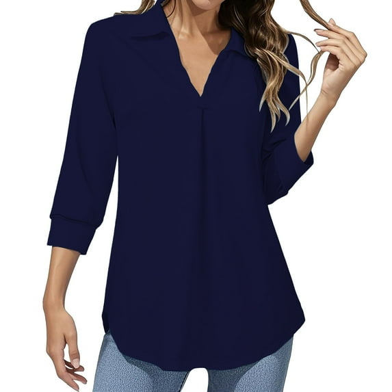 ZHENHONG T Shirts for Women,Loose V Neck 3/4 Sleeve Drop Shoulder Tops Solid Color Turn Down Collar Tshirts,Blue Women Blouses