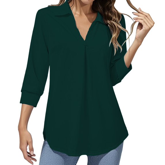 ZHENHONG T Shirts for Women,Loose V Neck 3/4 Sleeve Drop Shoulder Tops Solid Color Turn Down Collar Tshirts,Green Women Blouses