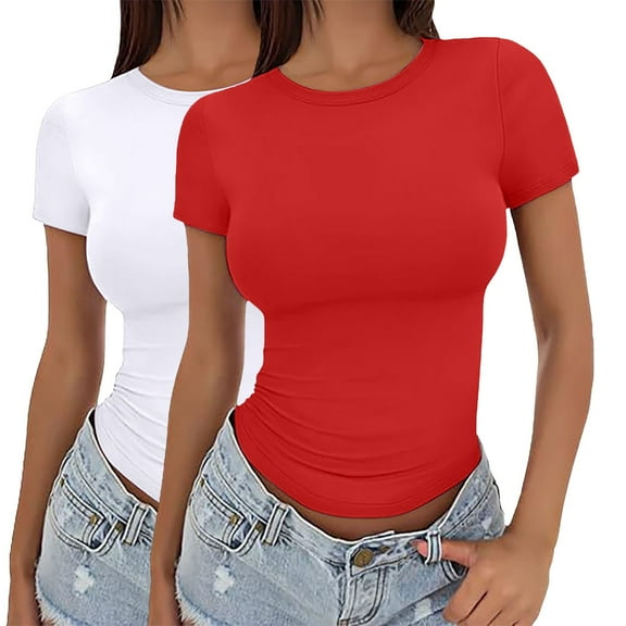 ZHENHONG T Shirts for Women,Plain Casual Crew Neck Short Sleeve Cocoon Shirt Trendy Drop Shoulder Slim Fit Top,Multicolor Women Blouses