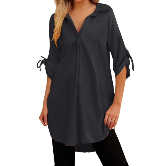 ZHENHONG T Shirts for Women,Plain Half Rolled Sleeve Chiffon Shirts V Neck Drop Shoulder Loose Tops,Black Women Blouses