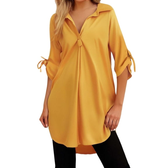 ZHENHONG T Shirts for Women,Plain Half Rolled Sleeve Chiffon Shirts V Neck Drop Shoulder Loose Tops,Yellow Women Blouses