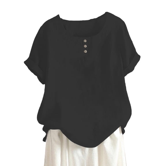 ZHENHONG T Shirts for Women,Plain Round Neck Short Sleeve T Shirt Casual Henley Neck Drop Shoulder Blouse,Black Women Blouses