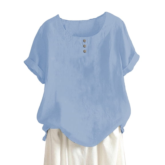 ZHENHONG T Shirts for Women,Plain Round Neck Short Sleeve T Shirt Casual Henley Neck Drop Shoulder Blouse,Blue Women Blouses