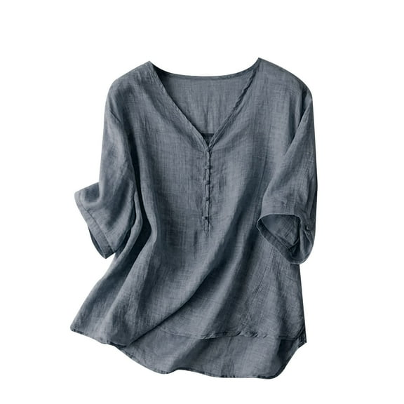 ZHENHONG T Shirts for Women,Solid Color Loose Versatile V Neck Blouses Casual Cotton Linen Flutter Sleeve Tops,Blue Women Blouses