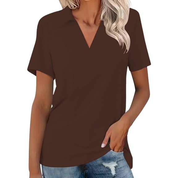 ZHENHONG T Shirts for Women,Solid Color Short Sleeved V Neck Shirts Collared Casual Classic Tees Blouse,Brown Women Blouses