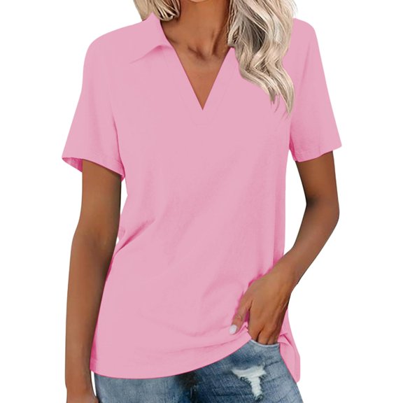 ZHENHONG T Shirts for Women,Solid Color Short Sleeved V Neck Shirts Collared Casual Classic Tees Blouse,Pink Women Blouses