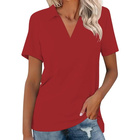ZHENHONG T Shirts for Women,Solid Color Short Sleeved V Neck Shirts Collared Casual Classic Tees Blouse,Red Women Blouses