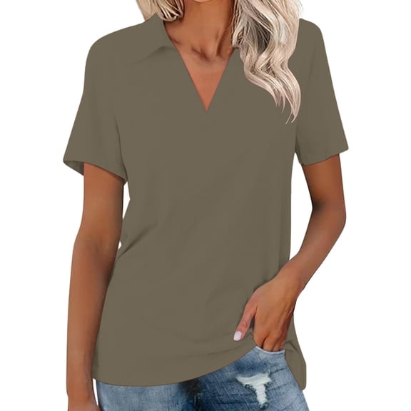 ZHENHONG T Shirts for Women,Solid Color Short Sleeved V Neck Shirts Collared Casual Classic Tees Blouse,Yellow Women Blouses