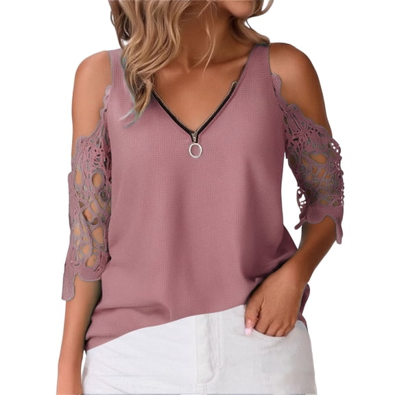 ZHENHONG T Shirts for Women,Solid Color V Neck Half Sleeve T Shirt with Tie Zipper Loose Lace Sleeve Blouse,Pink Women Blouses