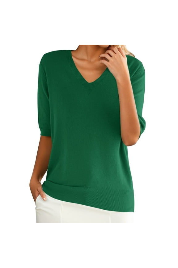 T Shirts for Women,Solid Color V Neck Loose Blouses Casual Elbow-Length Blouson Sleeve T Shirts,Green Women Blouses