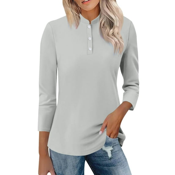 ZHENHONG T Shirts for Women,Stand Collar 3/4 Sleeve Casual Shirts Plain Trendy Henley Blouse,Green Women Blouses