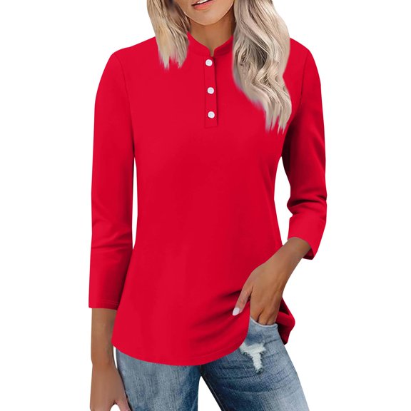 ZHENHONG T Shirts for Women,Stand Collar 3/4 Sleeve Tops Solid Color Trendy Casual Shirts,Red Women Blouses