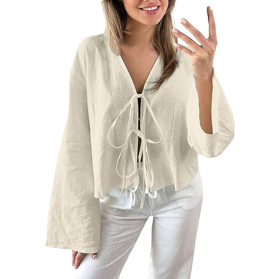 ZHENHONG T Shirts for Women,Trendy Plain Tie Front Loose Fit Top Deep V Shaped Flared Sleeve Strap Blouse,Beige Women Blouses