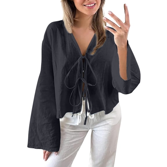 ZHENHONG T Shirts for Women,Trendy Plain Tie Front Loose Fit Top Deep V Shaped Flared Sleeve Strap Blouse,Black Women Blouses