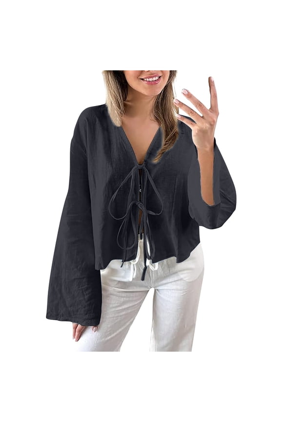 T Shirts for Women,Trendy Plain Tie Front Loose Fit Top Deep V Shaped Flared Sleeve Strap Blouse,Black Women Blouses