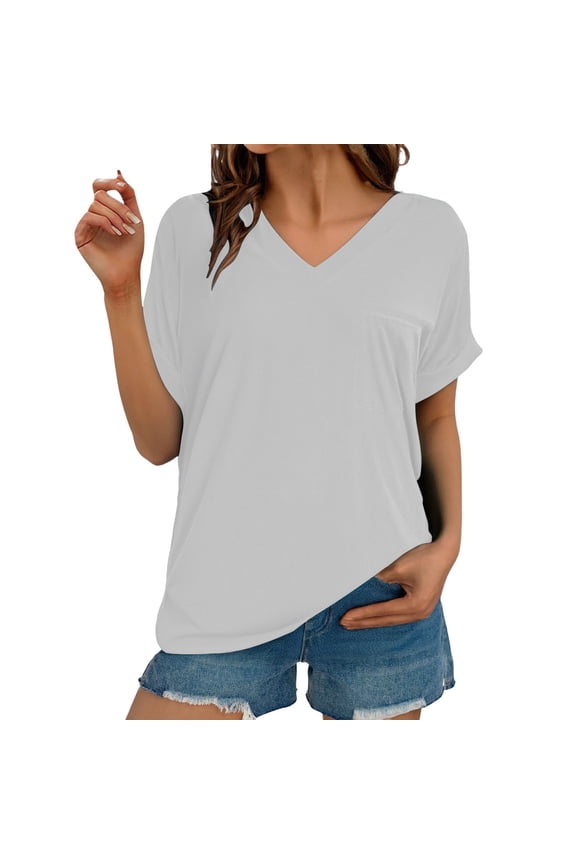 T Shirts for Women,V Neck Short Sleeve Casual Stylish Top Solid Blouson Sleeve Loose Fit Shirts,White Women Blouses
