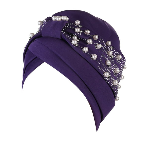 ZHENHONG Turbans for Women Fashion Solid Color Pearl Decorated Elastic Headband Cap Casual Headwear Purple
