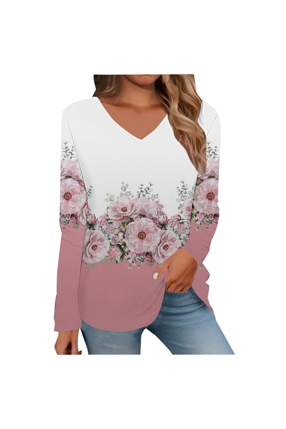 V Neck Shirts for Women Long Sleeve, Women's Spring/Summer Printed V Neck T Shirt Base Top Long Sleeve T Shirt Going Out Tops