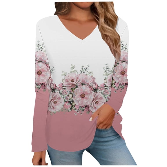 ZHENHONG V Neck Shirts for Women Long Sleeve, Women's Spring/Summer Printed V Neck T Shirt Base Top Long Sleeve T Shirt Going Out Tops