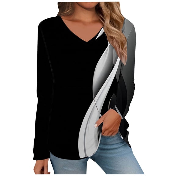 ZHENHONG V Neck Shirts for Women Long Sleeve, Women's Spring/Summer Printed V Neck T Shirt Base Top Long Sleeve T Shirt Going Out Tops