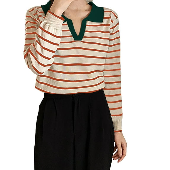 ZHENHONG V Neck Shirts for Women Long Sleeve, Women's Vintage Striped Long Sleeve Knitted T Shirt In Contrasting Colors Going Out Summer Tops