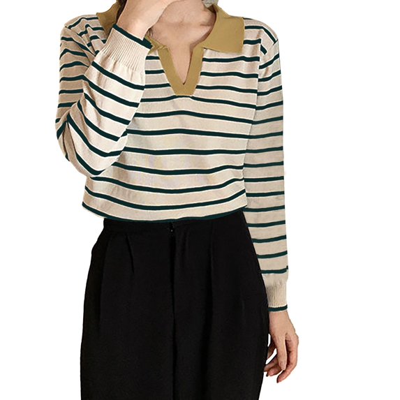 ZHENHONG V Neck Shirts for Women Long Sleeve, Women's Vintage Striped Long Sleeve Knitted T Shirt In Contrasting Colors Going Out Summer Tops