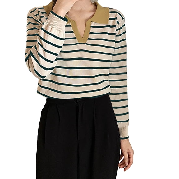 ZHENHONG V Neck Shirts for Women Long Sleeve, Women's Vintage Striped Long Sleeve Knitted T Shirt In Contrasting Colors Going Out Summer Tops