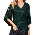 thumbnail image 1 of ZHENHONG V Neck Shirts for Women Long Sleeve, Womens Sequin Tops 3/4 Sleeve Glitter Sparkly Blouse V Neck Tops For Evening Going Out Tops, 1 of 4