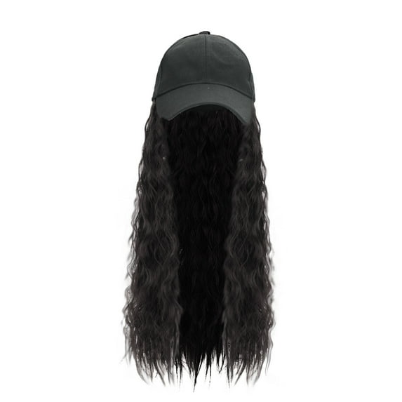 ZHENHONG Visor Hats for Women Solid Color Sunshade Hat with Long Curly Synthetic Wig Casual Headwear Black 3