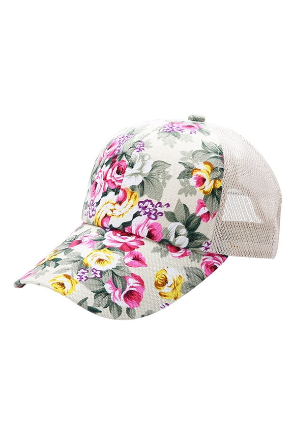 Womens Baseball Caps Flower printing Sun Hat Summer Outdoor Sports Hat Casual Floral Headwear White