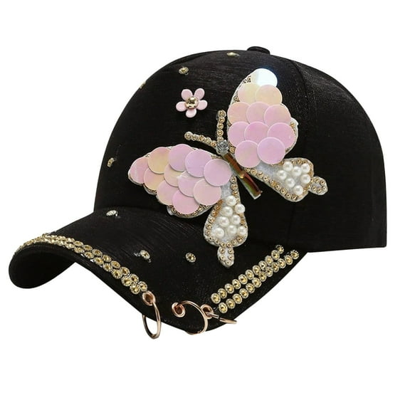 ZHENHONG Womens Baseball Caps Sequined Butterfly Print Sunshade Hip Hop Hat Cozy Graphic Visor Hat Black